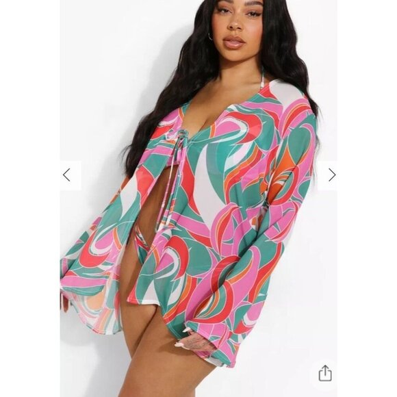 Boohoo Plus Pink and Green Tie Front Blouse - Picture 1 of 8